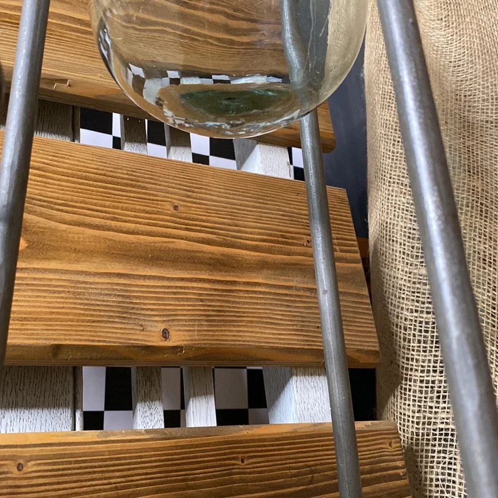 Pottery Barn Set of Two Rustic Metal Tripod Stands with Handblown Glass Vases - Picture 6 of 17